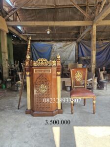 Mimbar Podium Masjid Ukiran Komplit Plus Kursi Dan Tongkat Full Kayu Jati
